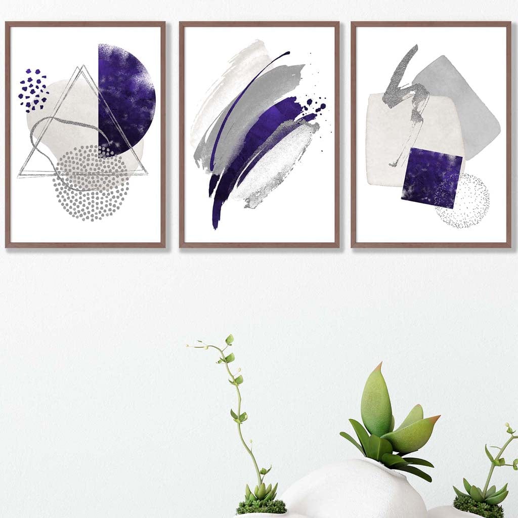 Abstract lilac silver watercolor shapes set of 3 prints | Bowlift