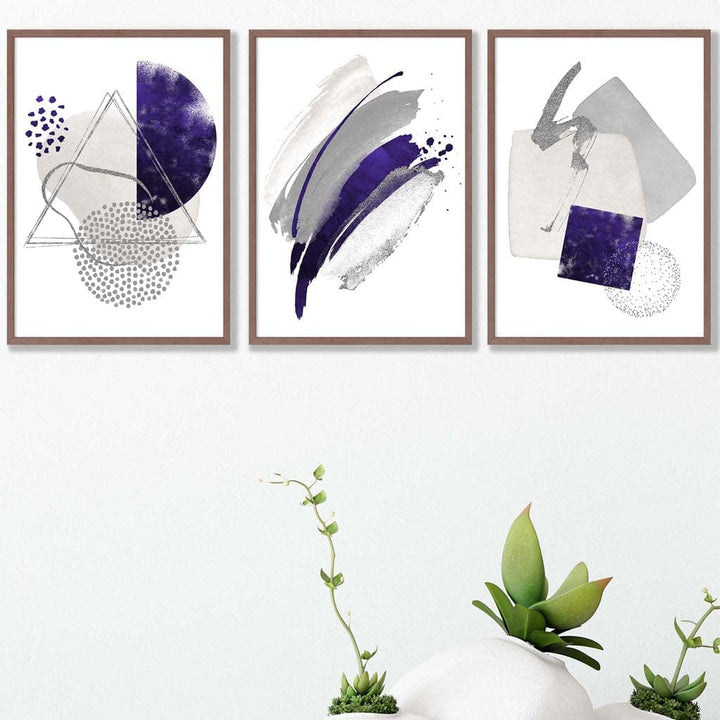 Abstract lilac silver watercolor shapes set of 3 prints | Bowlift