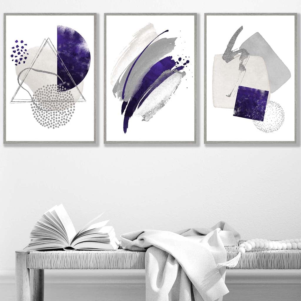 Abstract lilac silver watercolor shapes set of 3 prints | Bowlift