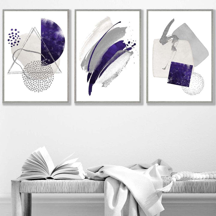 Abstract lilac silver watercolor shapes set of 3 prints | Bowlift