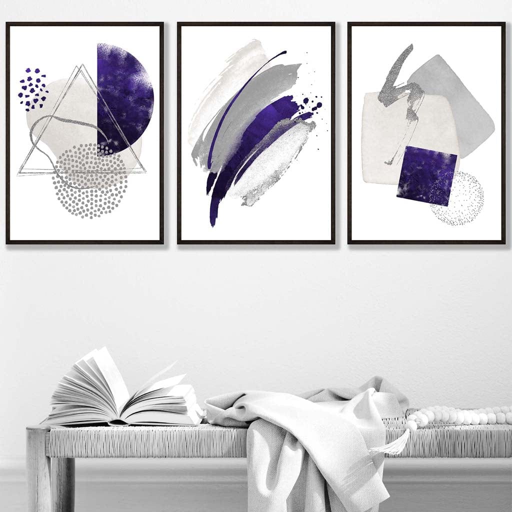 Abstract lilac silver watercolor shapes set of 3 prints | Bowlift