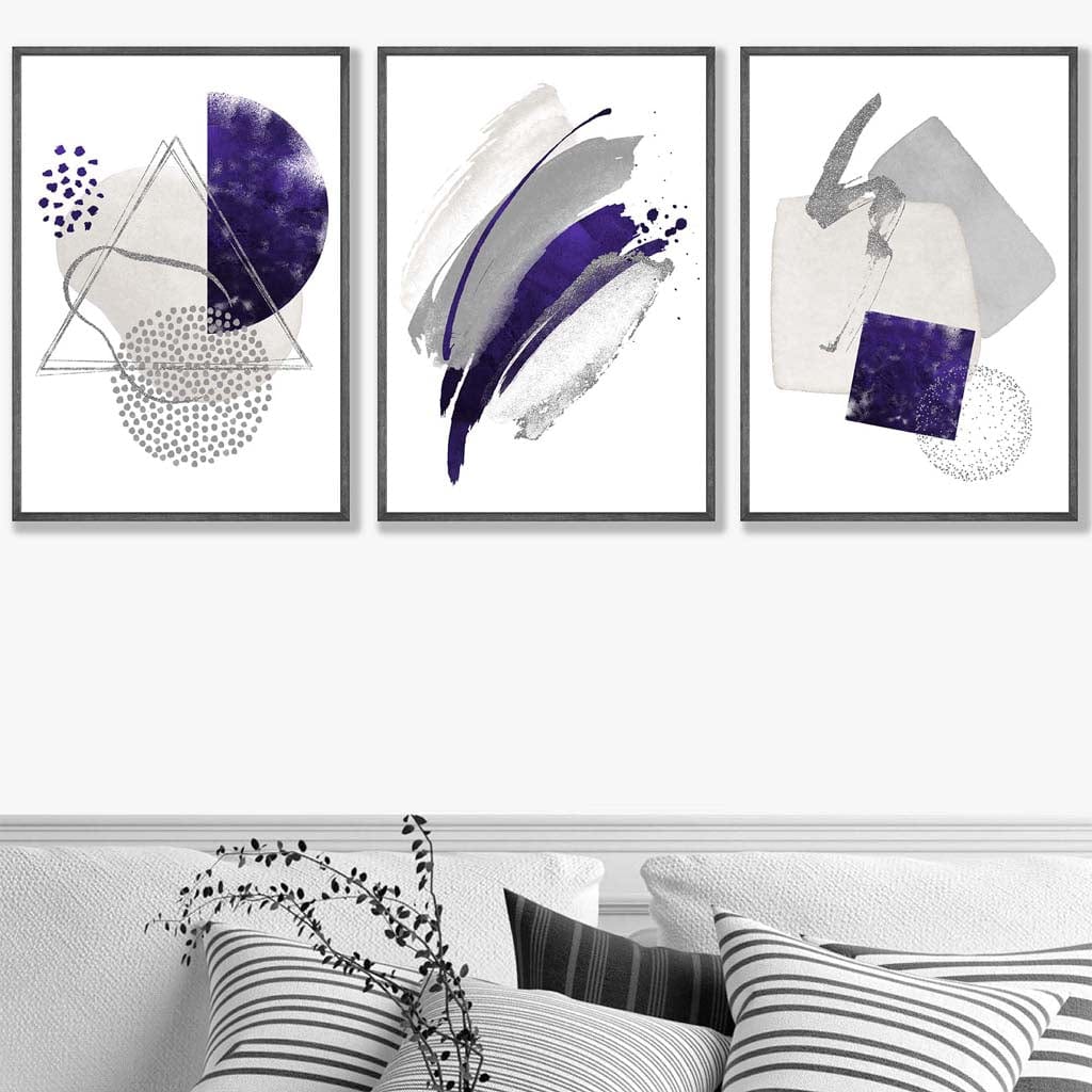 Abstract lilac silver watercolor shapes set of 3 prints | Bowlift