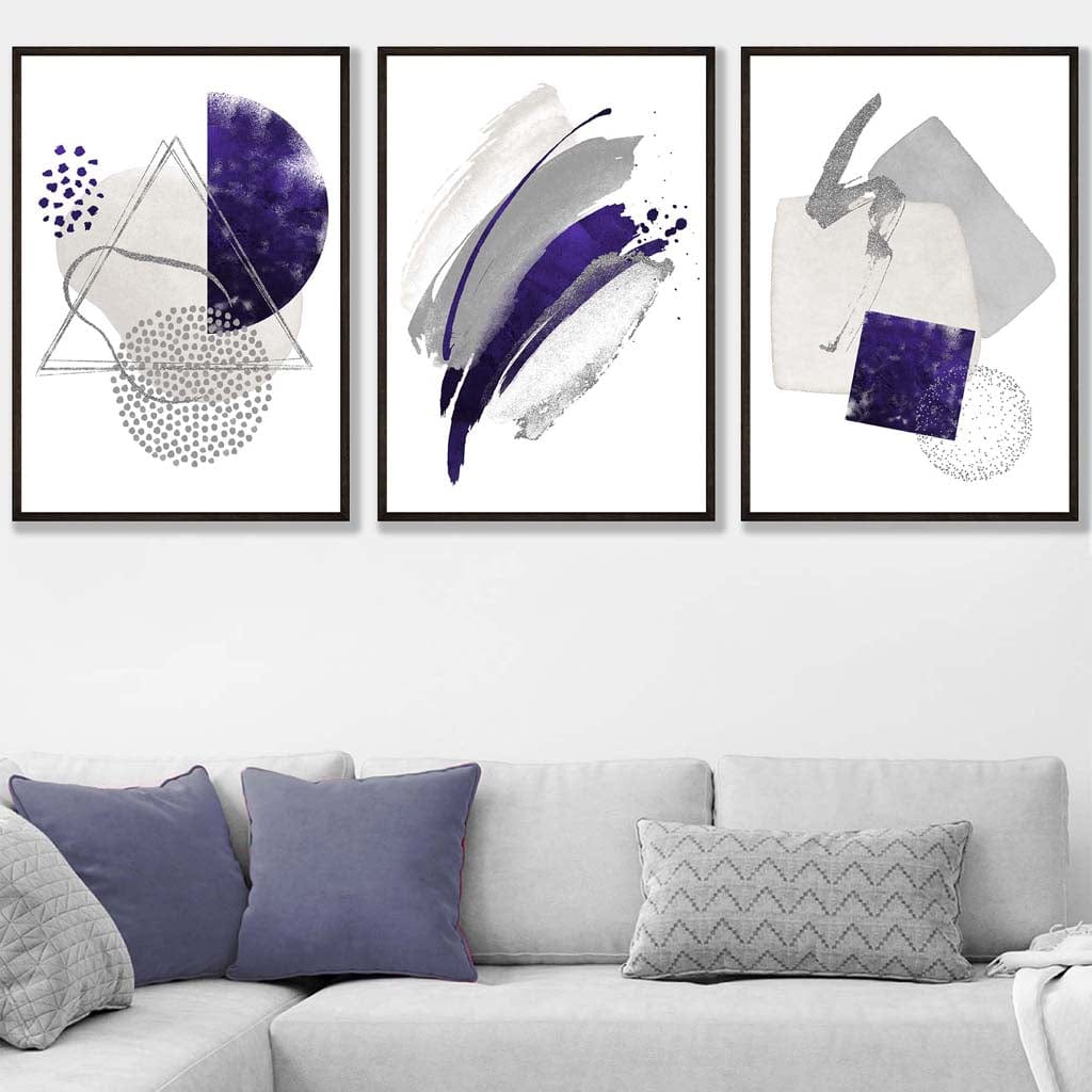 Abstract lilac silver watercolor shapes set of 3 prints | Bowlift