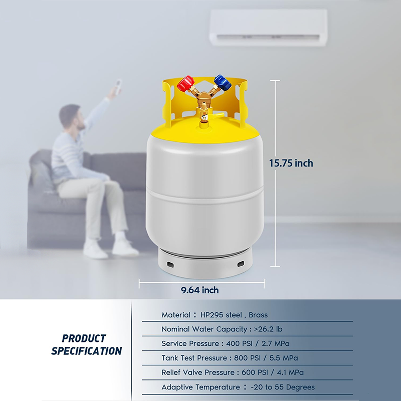 BowLift | Recovery Cylinder Recovery Tank 30 lb Reusable Recovery Cylinder 1/4 SAE Y-Valve Recovery Tank No Float Switch Gray Yellow