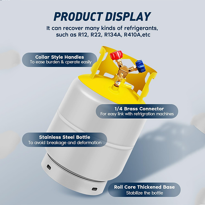 BowLift | Recovery Cylinder Recovery Tank 30 lb Reusable Recovery Cylinder 1/4 SAE Y-Valve Recovery Tank No Float Switch Gray Yellow