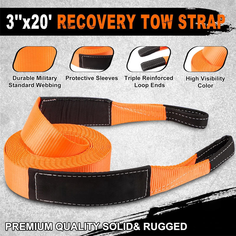 BowLift | Heavy Duty Tow Strap Recovery Kit 3" x 20ft(35,000lbs) Tree Saver Winch Strap 3/4" D-Ring Shackles with Storage Bag