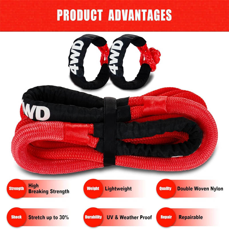 BowLift | Recovery Straps 1" x 30' Kinetic Recovery Tow Rope 48,000 lbs Snatch Strap with 2pcs Soft Shackles for Offroad Vehicle, Jeep, Tractor Elastic Ropes Kit