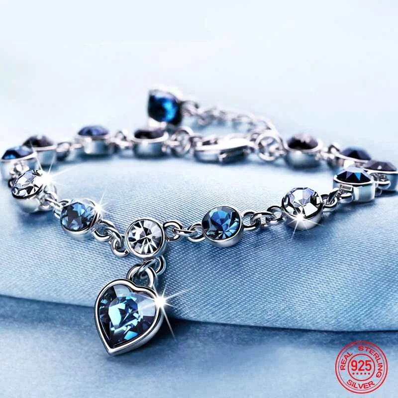 Enchanting Ocean Heart Crystal Bracelet with Radiant Blue Heart Charm Bowlift