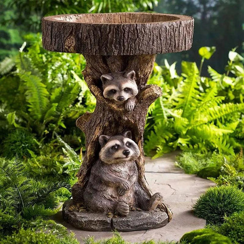 BowLift | Vintage Garden Bird Bath – Polyresin Raccoon Design for Outdoor Charm