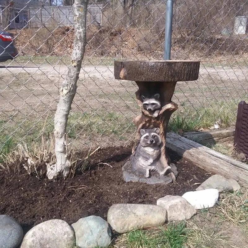 BowLift | Vintage Garden Bird Bath – Polyresin Raccoon Design for Outdoor Charm