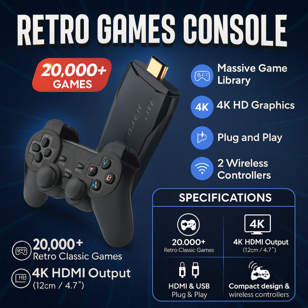 BowLift | 4K Retro Video Game Console Stick Dual Wireless Controllers Set