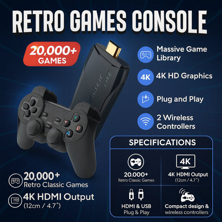 BowLift | 4K Retro Video Game Console Stick Dual Wireless Controllers Set