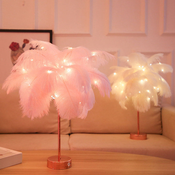 Ostrich Night Light | Eccentric Lamp with Feathers & Rose Gold Base | Bowlift