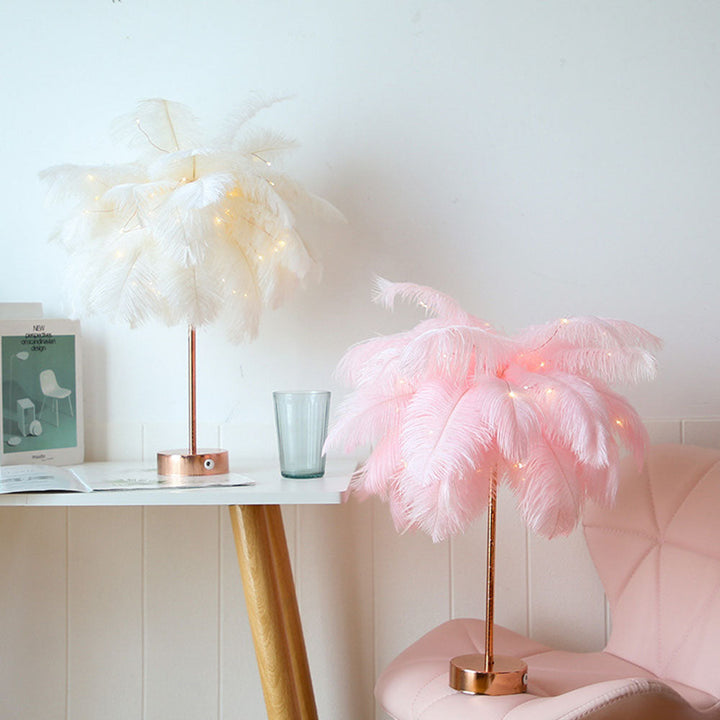 Ostrich Night Light | Eccentric Lamp with Feathers & Rose Gold Base | Bowlift