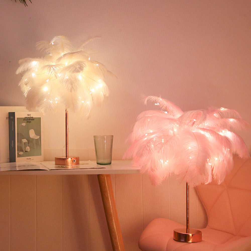 Ostrich Night Light | Eccentric Lamp with Feathers & Rose Gold Base | Bowlift