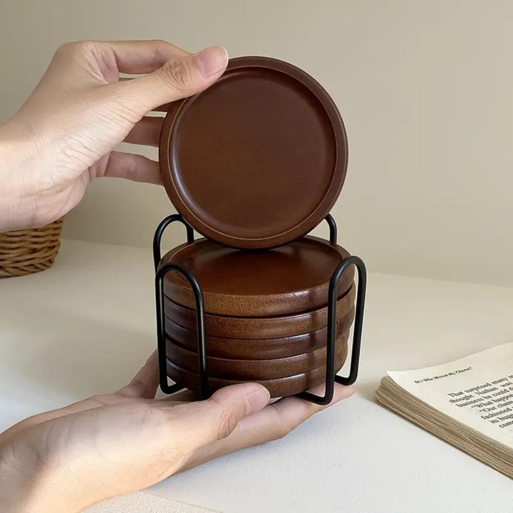BowLift | Rustic Wooden Coasters Metal Holder | 6pcs Set
