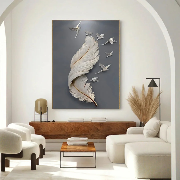 Seven Birds Feather Wall Art Fine Art Canvas Prints 3d Visualization Minimalist Abstract Pictures For Living Room Entranceway, Foyer Art Decor | Bowlift