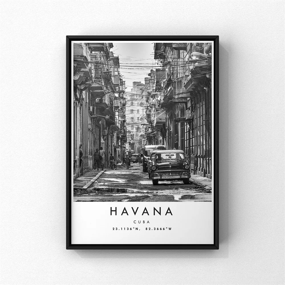 Cuba Havana Black & White Travel Poster Wall Art Fine Art Canvas Prints Pictures For Living Room Dining Room | Bowlift