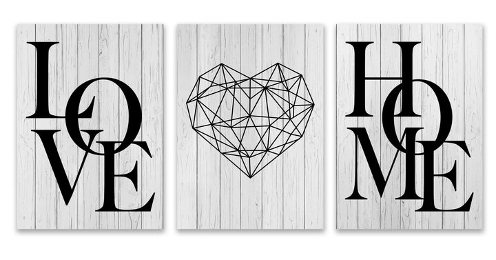 Set of 3Pcs Geometric Love Home Heart Wall Art Fine Art Canvas Prints Black White Minimalist Posters Pictures For Living Room Bedroom Art Decor | Bowlift