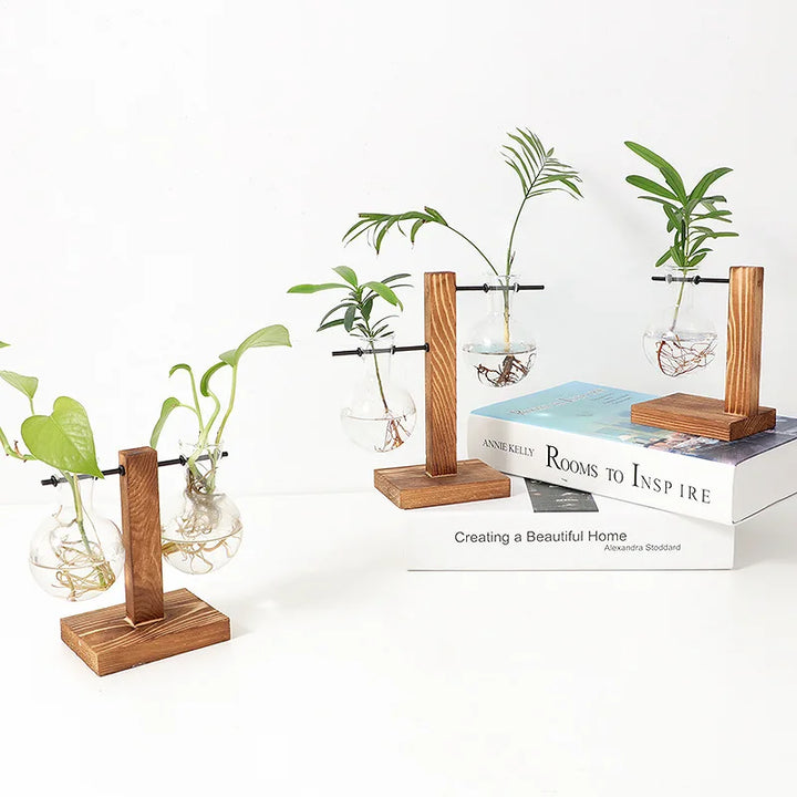 BowLift | Naturiva Design Glass Vase with Wooden Frame | For Cut Flowers & Hydroponics | Scandinavian Style | 3-Piece Set