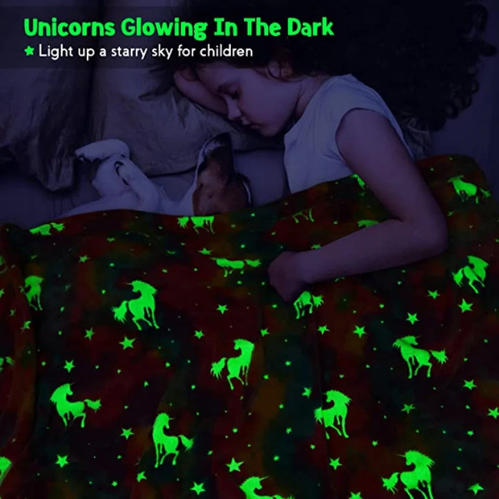 BowLift | StellaLumi | Glowing Unicorn Blanket | Cozy & Magical | Glow-in-the-Dark Stars & Hearts | Gift for Kids & Adults