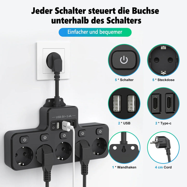 BowLift | Voltaro Pro 9-in-1 | Power Strip EU | 5 AC Outlets + 4 USB (2× Type-C) | Individual Switch | 16A | Short Cable 10 cm