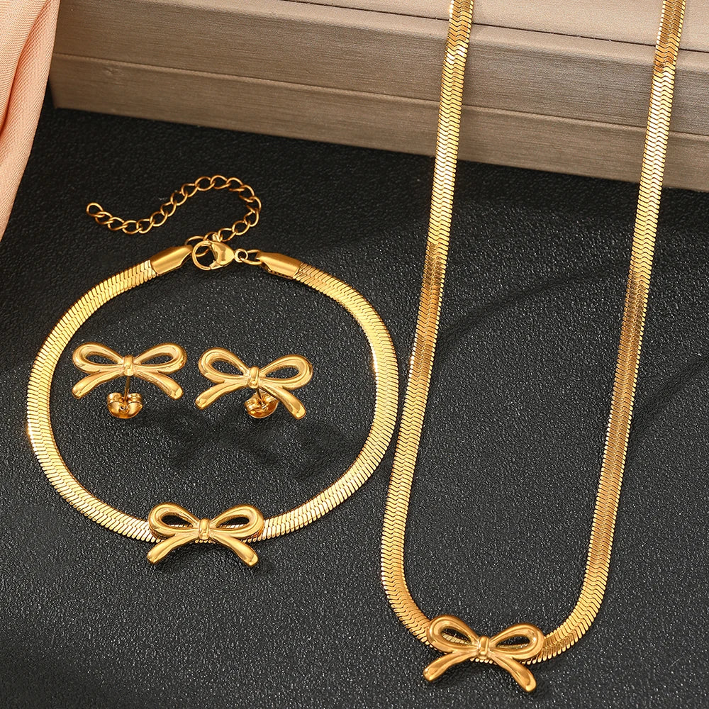 BowLift | Feminine Bow Herringbone Chain Necklace, Bracelet, and Earring Set