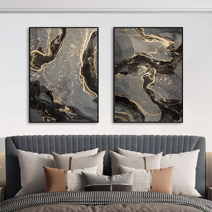 Abstract Black Gray Golden Liquid Marble Print Wall Art Fine Art Canvas Prints Pictures For Modern Apartment Living Room Home Office Decor | Bowlift
