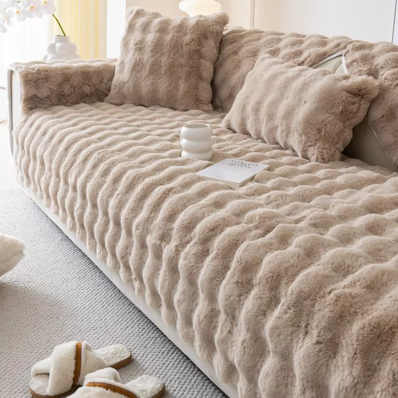 BowLift | Plush Bubble-Textured Faux Rabbit Fur Sofa Slipcover - Non-Slip Couch Cushion Cover for Living Room