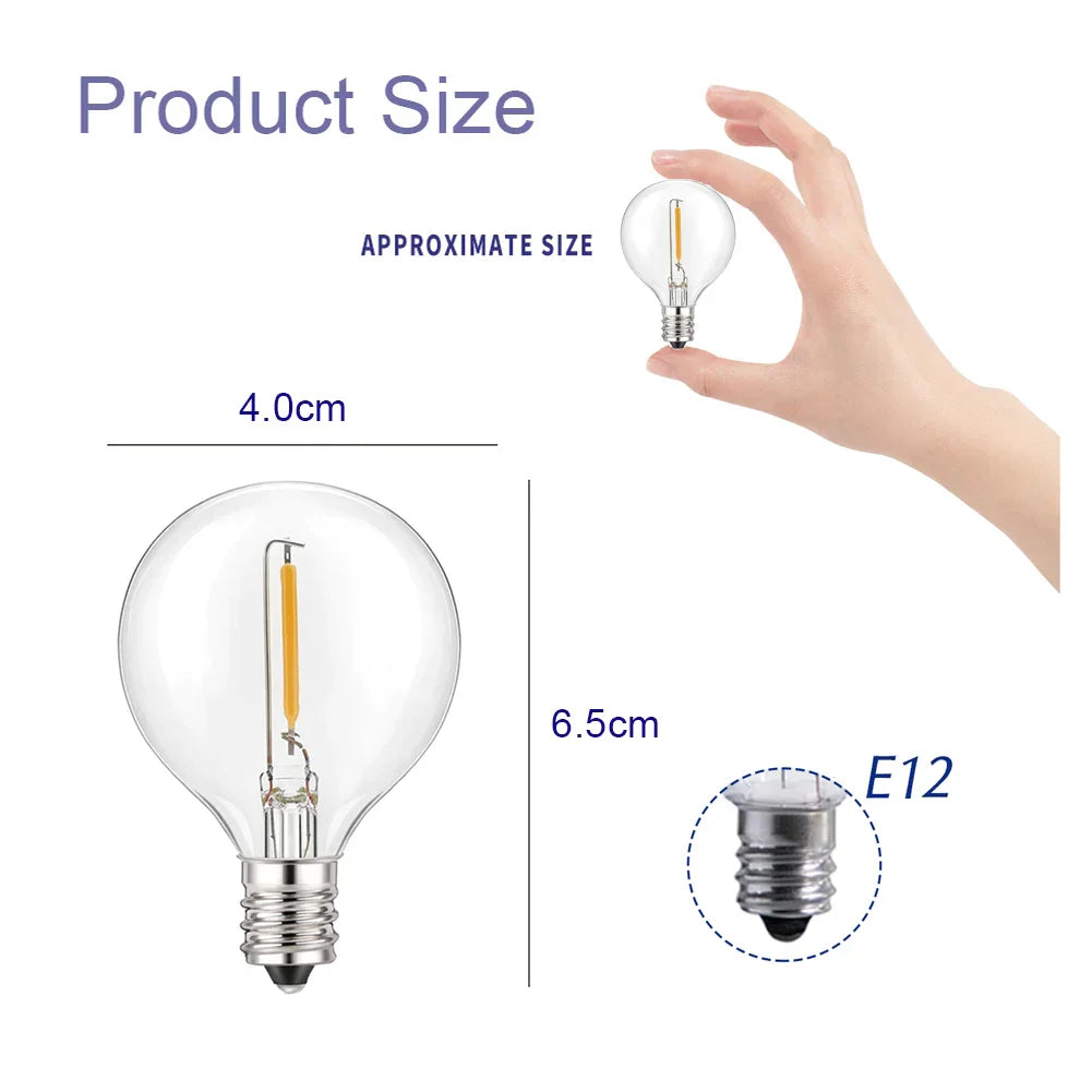 BowLift | G40 bulbs, E12, 5 V, 110 V, 220 V, 1 W, plastic globe bulbs, string lights, for indoor and outdoor use, terrace, home, garden, decoration, warm white