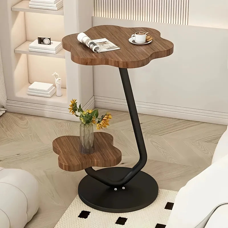 BowLift | Cream-colored Flower-shaped Side Table with Double Storage Layers and Metal Frame