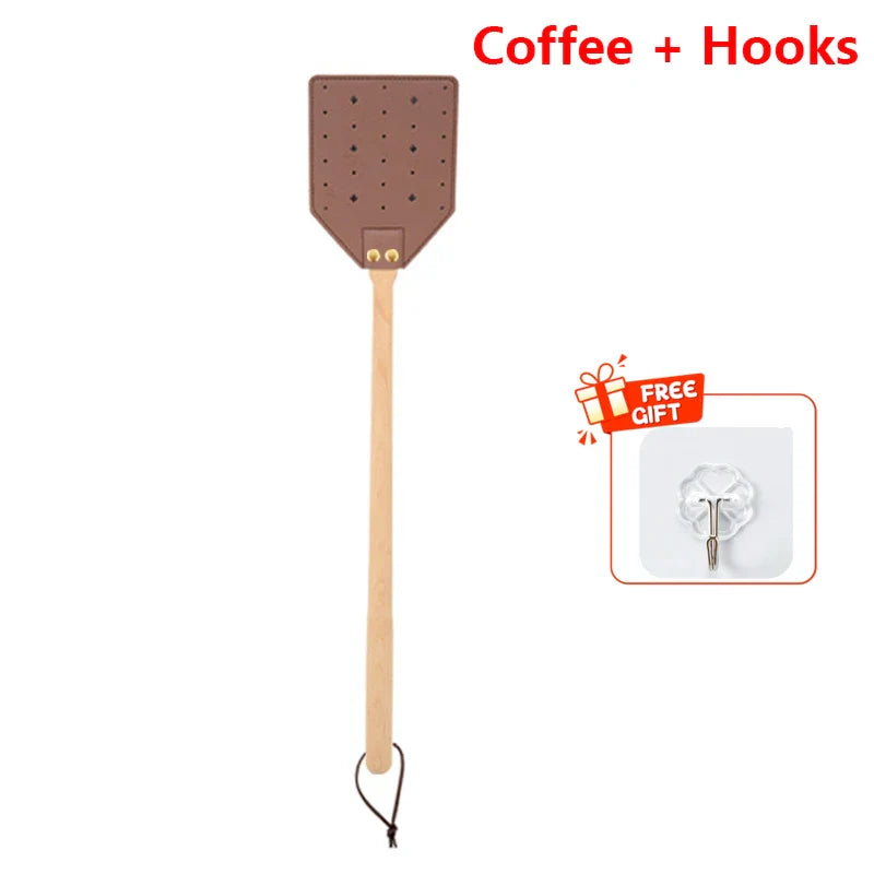 BowLift | Insektra Leather Fly Swatter with Wood Handle | 13×10 cm Striking Surface | Stainless Steel Rivets | Hanging Device