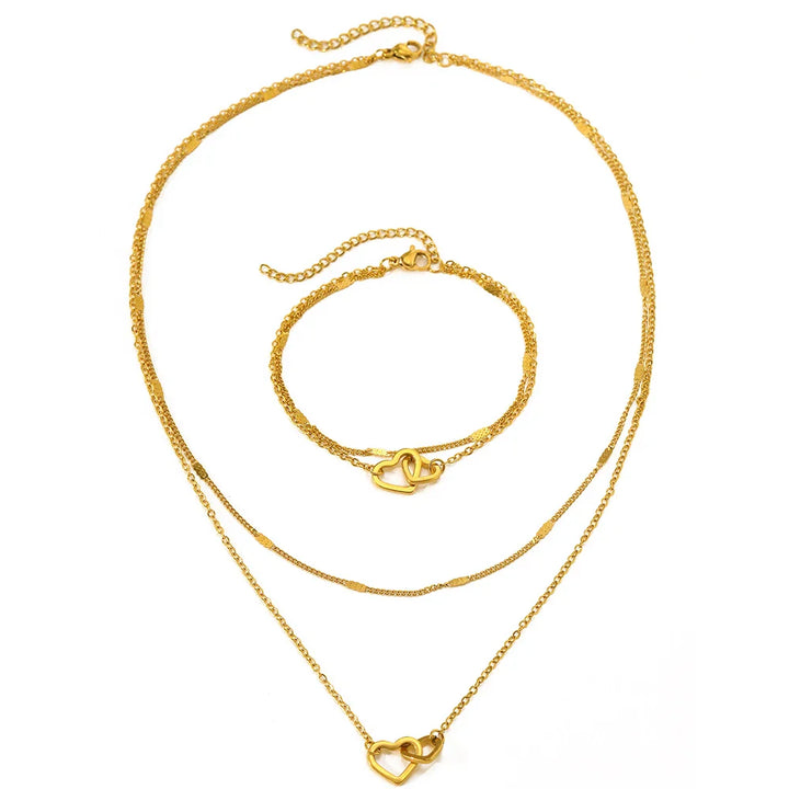 BowLift | Dainty Curb & Chain Link Dual Heart Necklace and Bracelet Set