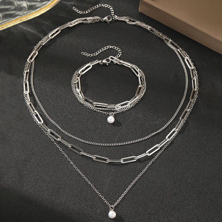 BowLift | Paperclip & Curb Chain Dainty Pearl Bracelet and Necklace Stack Set