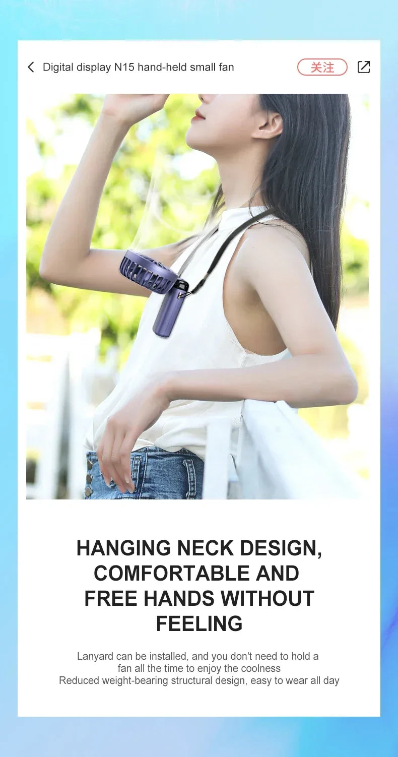 5000mAh Handheld Mini Fan – Wireless USB Rechargeable Portable Fan with Digital Display, Phone Holder, 5-Speed Foldable Neck Hanging Fan | Bowlift
