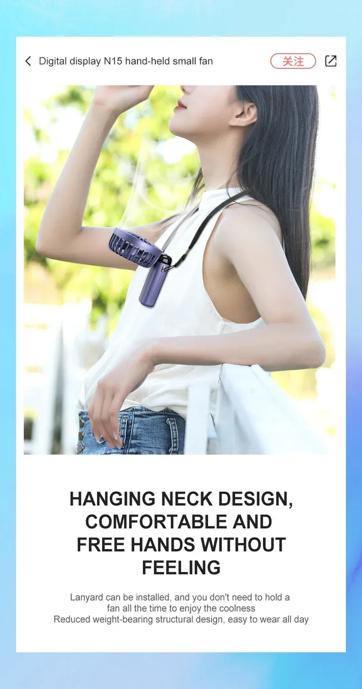 5000mAh Handheld Mini Fan – Wireless USB Rechargeable Portable Fan with Digital Display, Phone Holder, 5-Speed Foldable Neck Hanging Fan | Bowlift