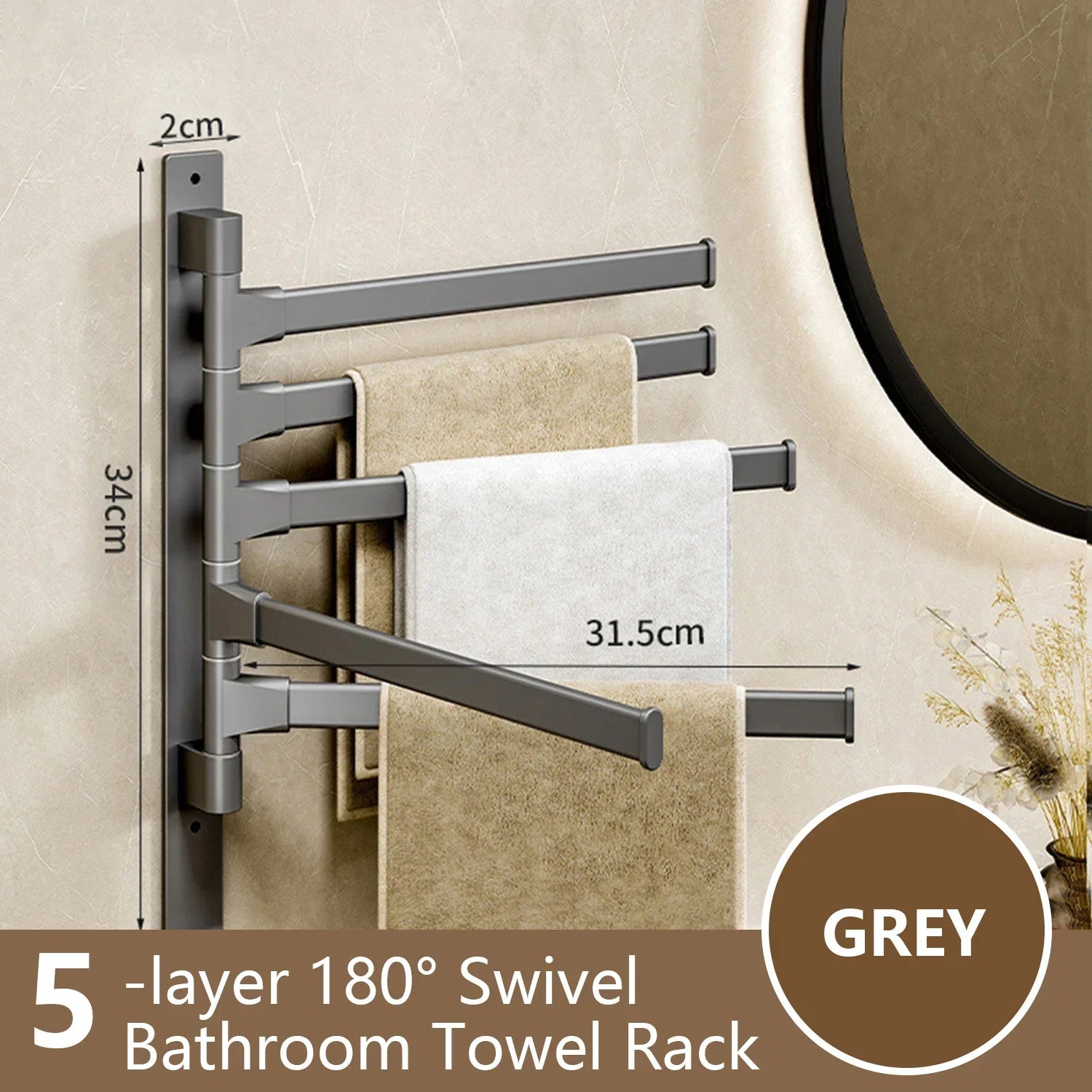 BowLift | Bathroom Towel Holder Rotatable Towel Rack Space Aluminum 1/2/3/4/5-Bar Towel Holder Kitchen Shelf Kitchen Hanging Shelf Wall Mounted