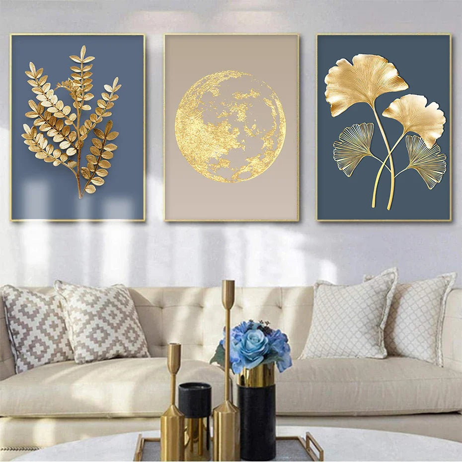 Blue Minimalist Golden Abstract Floral Wall Art Fine Art Canvas Prints Pictures For Luxury Living Room Dining Room Home Office Art Decor | Bowlift