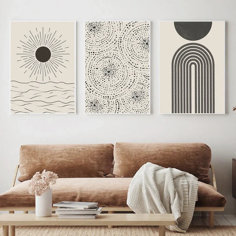 Sun Sea Circles Minimalist Line Art Black White Wall Art Fine Art Canvas Prints Pictures For Modern Living Room Bedroom Home Decor | Bowlift