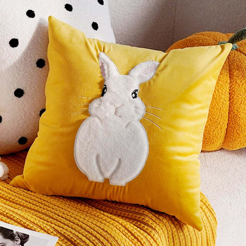 Blue & White Bunny & Flower Cushion Cover | Bowlift