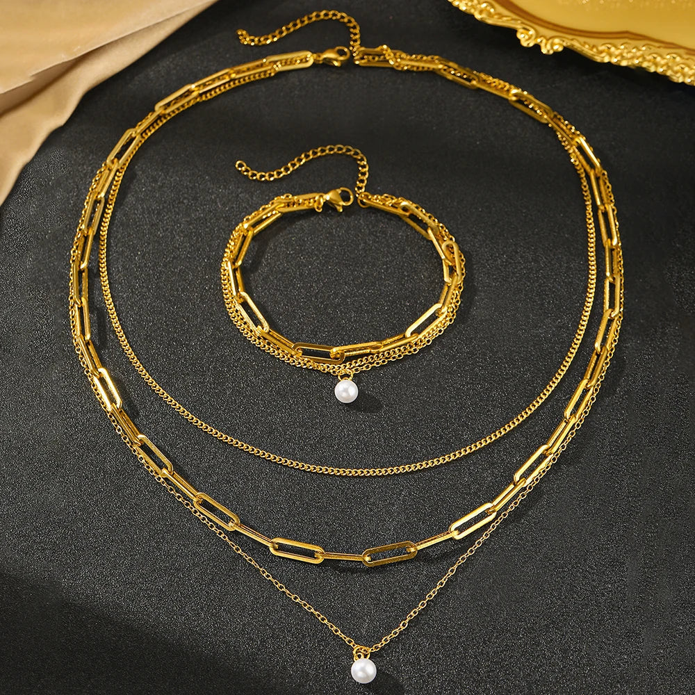 BowLift | Paperclip & Curb Chain Dainty Pearl Bracelet and Necklace Stack Set