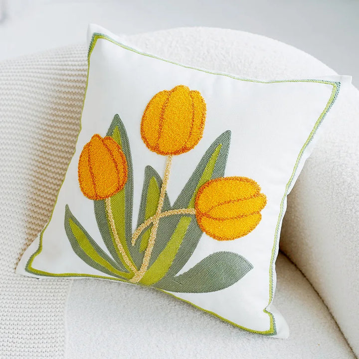 Green & Pink Tulip Embroidered Pillow Cover | Bowlift