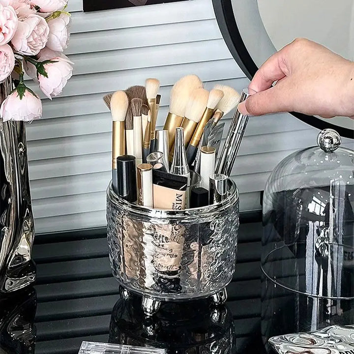BowLift | Lumora Make-up Brush Organizer with Lid | Dustproof & Rotatable | For Brushes, Lipsticks & Perfume | 360° Rotating | Silver/Gray