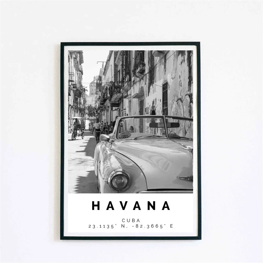 Cuba Havana Black & White Travel Poster Wall Art Fine Art Canvas Prints Pictures For Living Room Dining Room | Bowlift