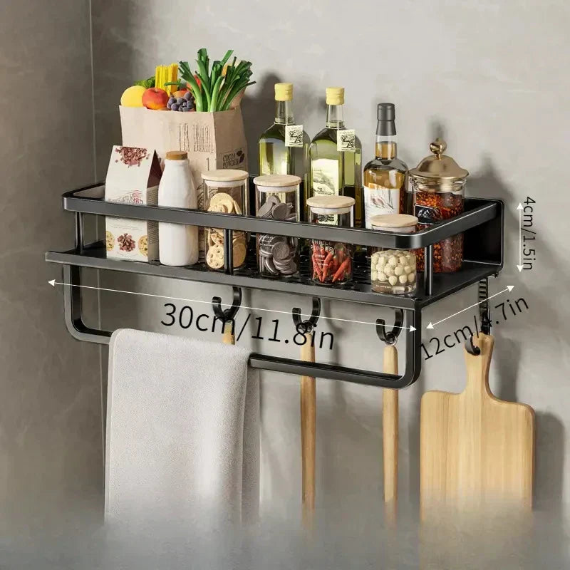 BowLift | Black Wall-Mounted Kitchen Rack – Spice Shelf with Utensil Hook Bar