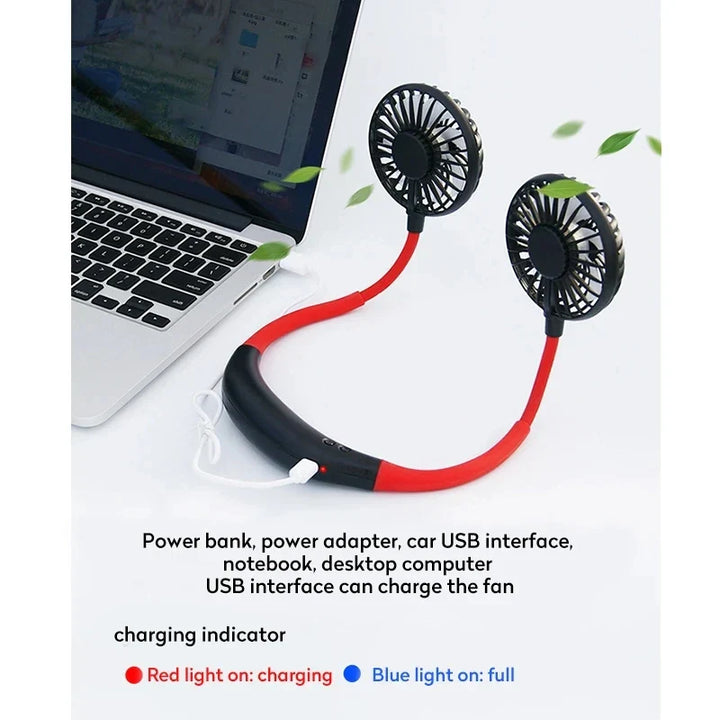 USB Portable Hands-Free Neck Fan - Rechargeable Mini Sports Fan, 3-Speed Adjustable Dual Fan for Home Office & Outdoor Use | Bowlift