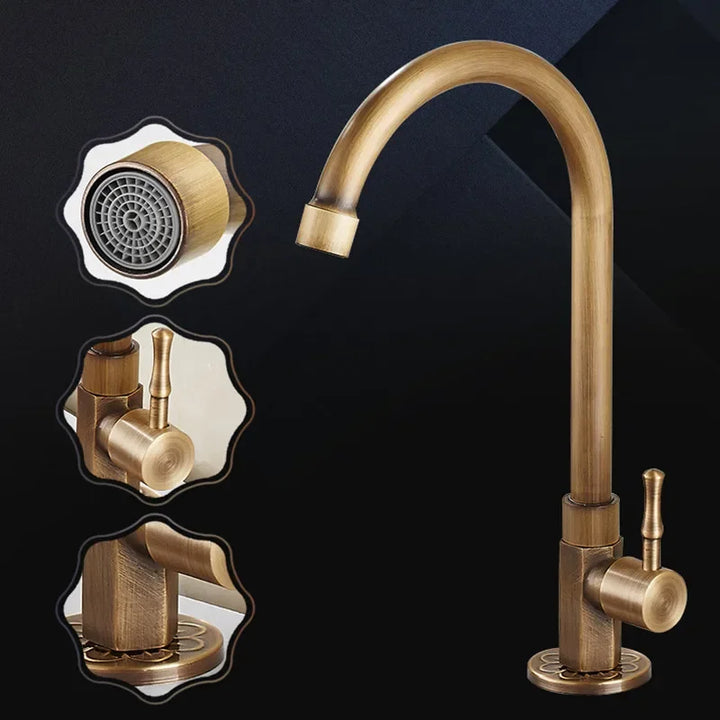 BowLift | Swan Neck Kitchen Faucet - Timeless Antique Brass Kitchen Faucet with Swan Neck Design