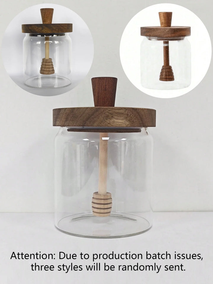 BowLift | MeliVita Honey jar with wooden lid & stirring stick | Airtight glass storage container | Transparent honey vessel for kitchen & breakfast table