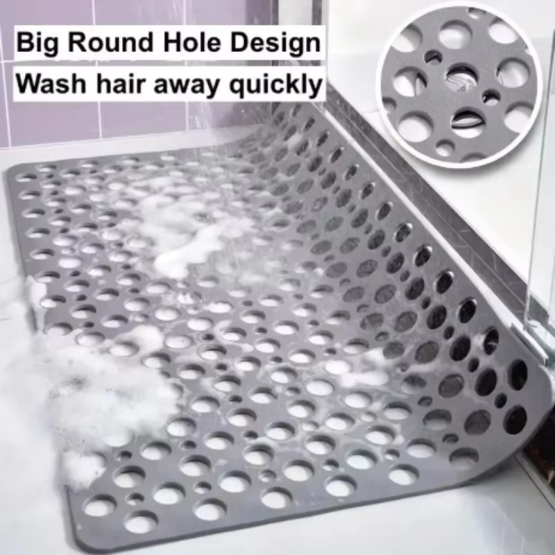 BowLift | Square Non-Slip Shower Mat with Suction Cups and Quick-Drain Round Hole Design