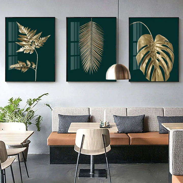 Abstract Tropical Botany Golden Leaves Wall Art Fine Art Canvas Prints Pictures For Living Room Dining Room Light Luxury Home Decor | Bowlift